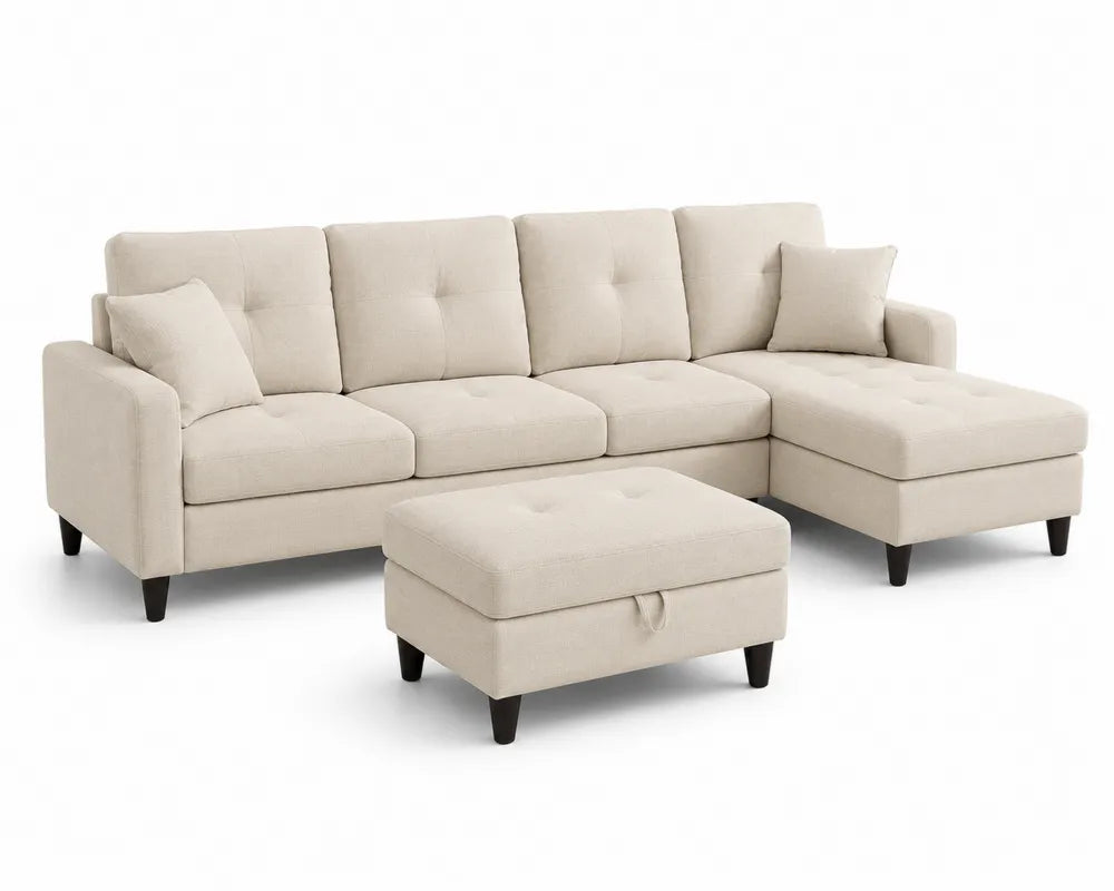 Divano angolare in tessuto beige con chaise longue e poggiapiedi