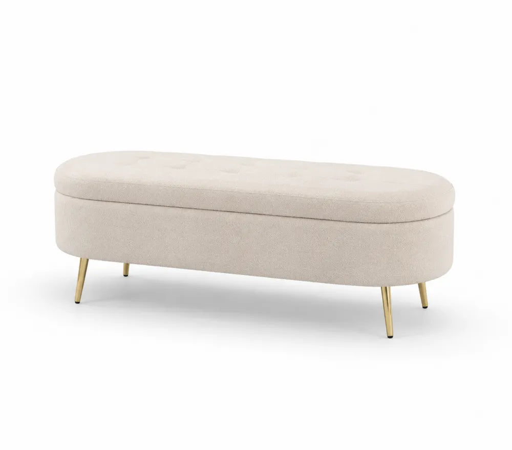 Panca imbottita ovale in tessuto beige con gambe in metallo