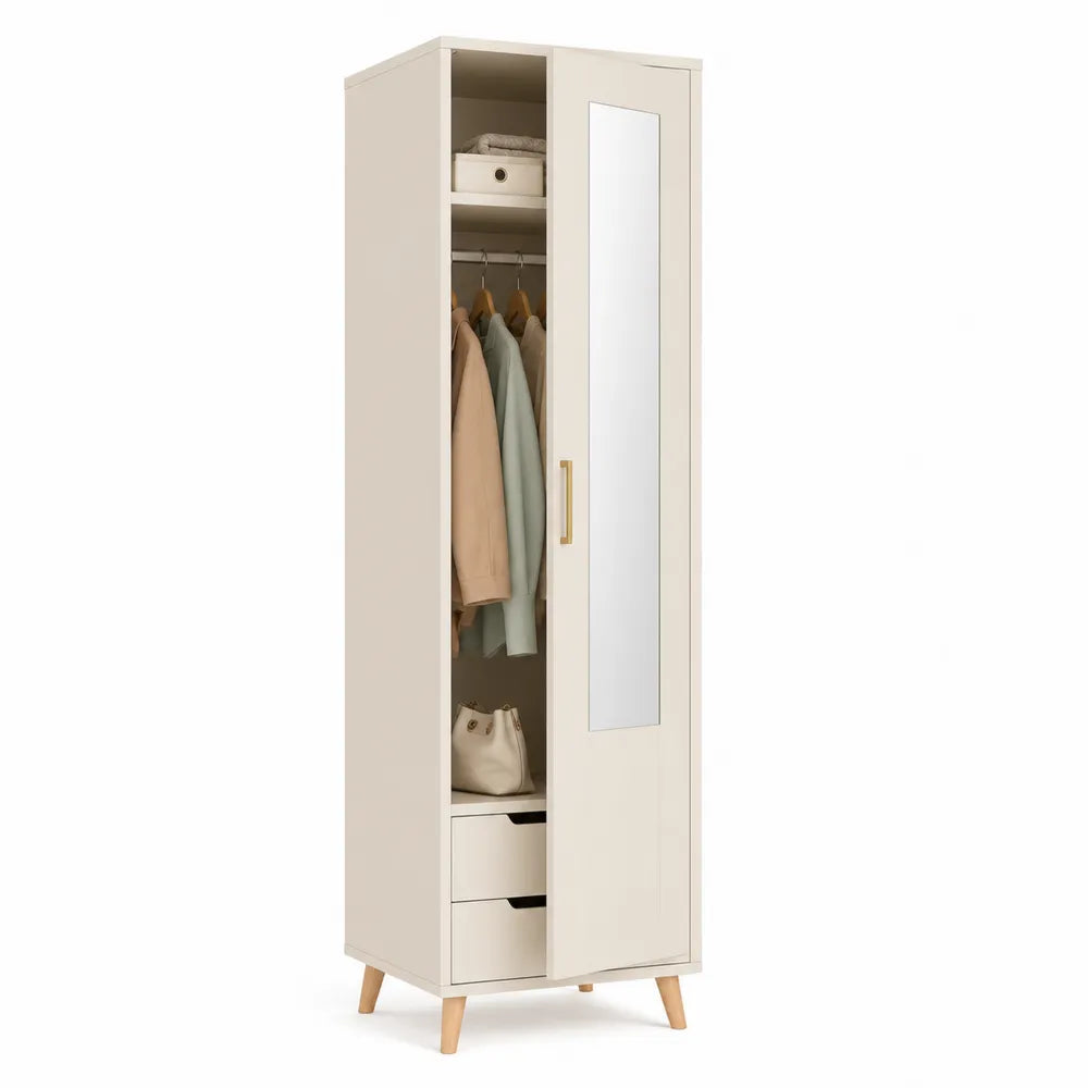 Armadio guardaroba crema con specchio in legno