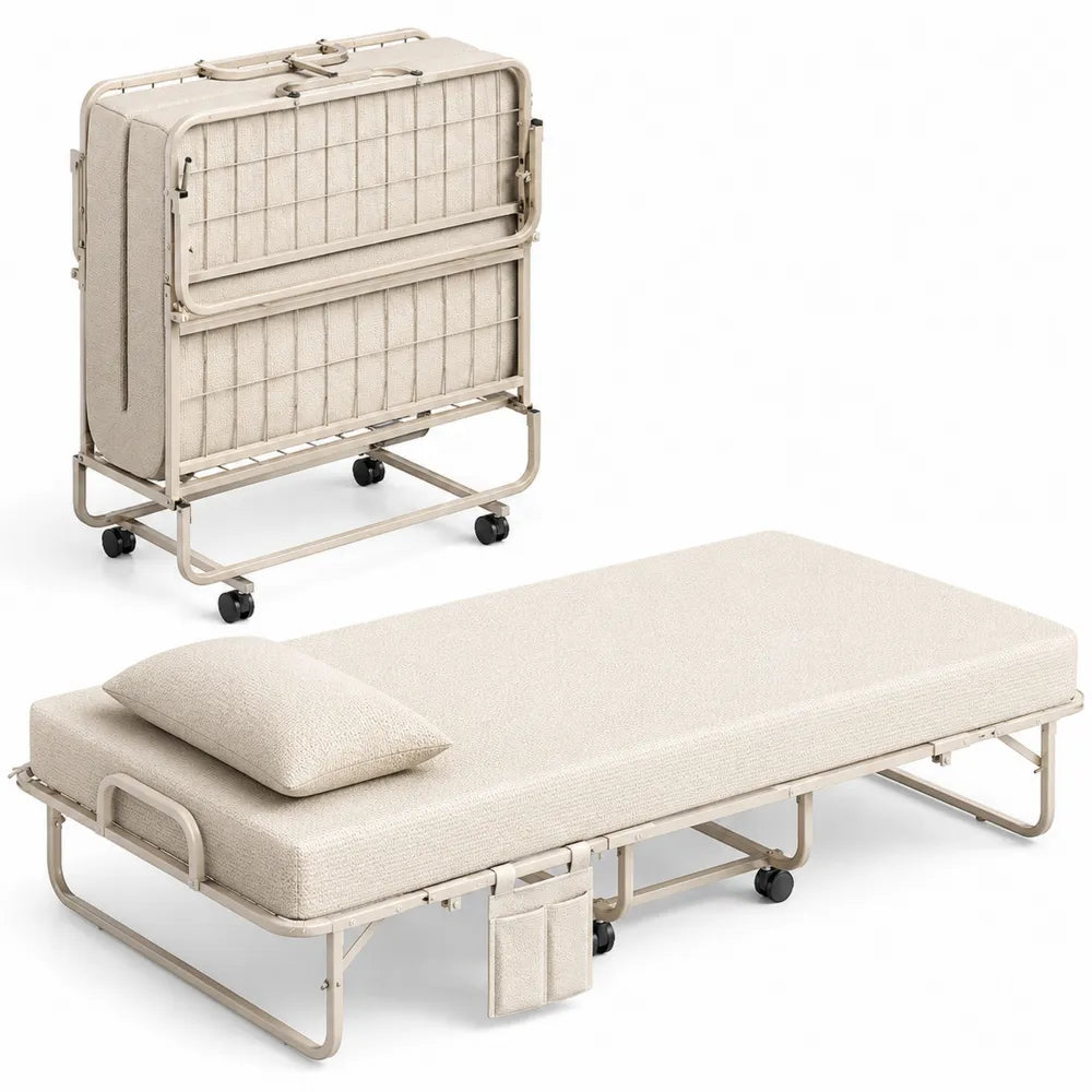 Letto pieghevole in acciaio con materasso e cuscino