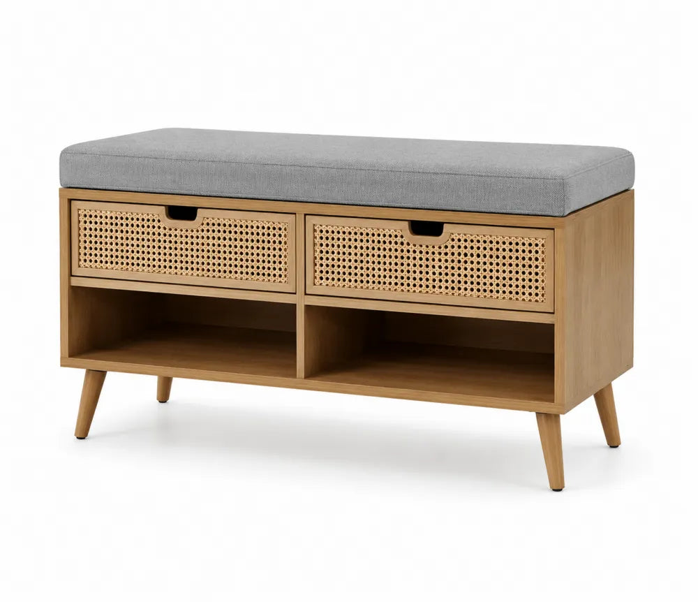 Panca in Legno con Cassetti in Rattan e Cuscino in Tessuto Grigio