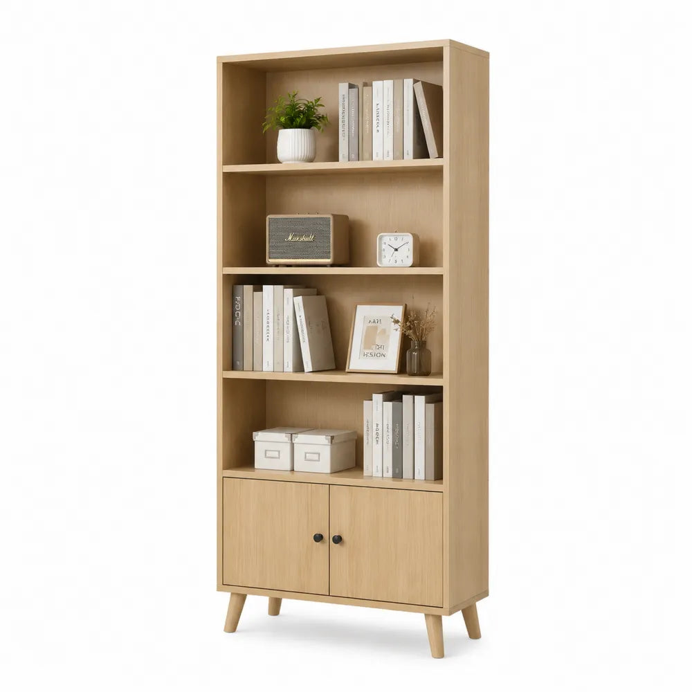 Libreria in MDF Legno Chiaro con Ripiani e Ante 180x80x30 cm