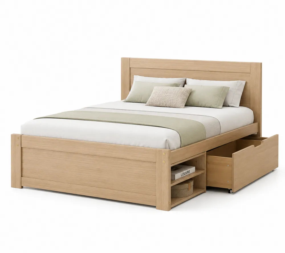 Letto matrimoniale in legno con cassetti e scaffali 200x160 cm