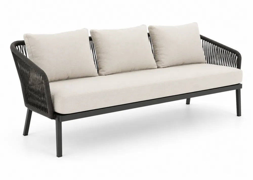 Divano da Esterno in Metallo Nero con Cuscini in Poliestere Beige