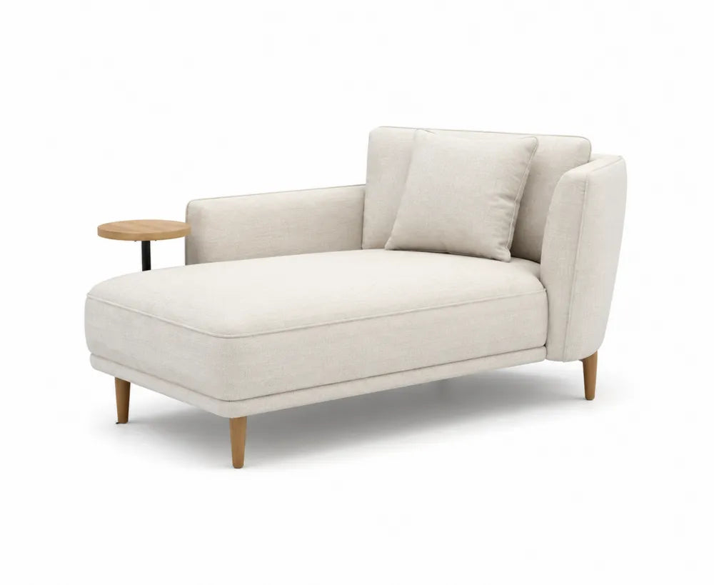 Chaise Longue in Stoffa Crema con Tavolino Integrato e Gambe in Legno