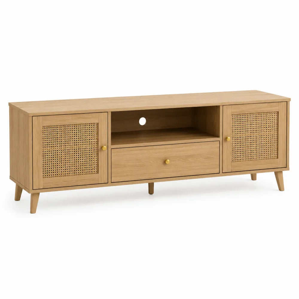 Mobile TV in Legno di Quercia e Rattan con Cassetto
