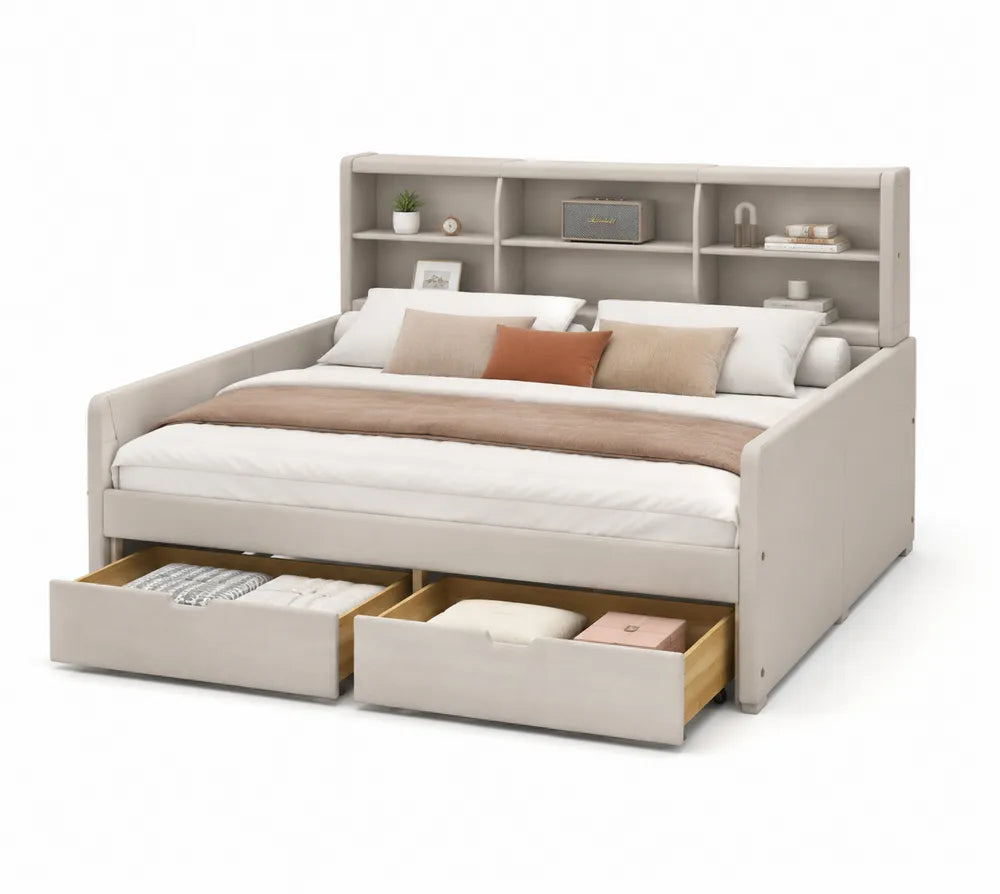 Letto matrimoniale con contenitore in tessuto beige e scaffali integrati