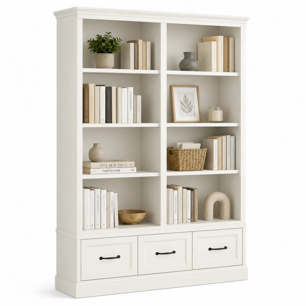 Libreria in legno bianco con cassetti 200x150x40cm