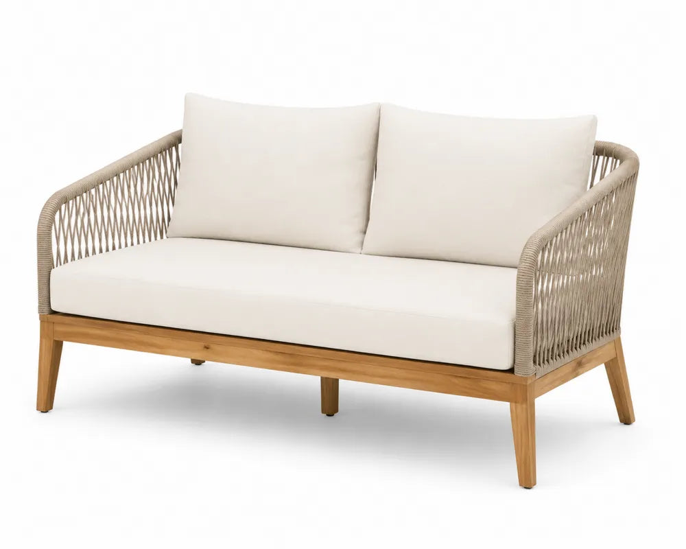 Divano in Teak e Corda con Cuscini in Poliestere Crema