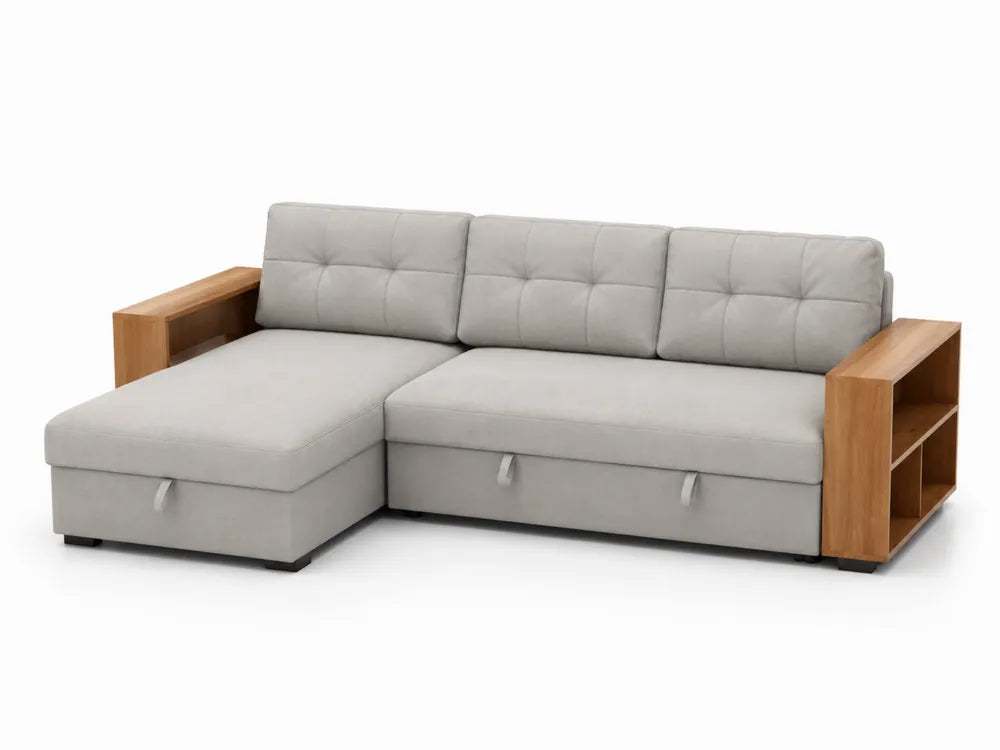Divano letto angolare tessuto poliestere Grigio con braccioli legno naturale