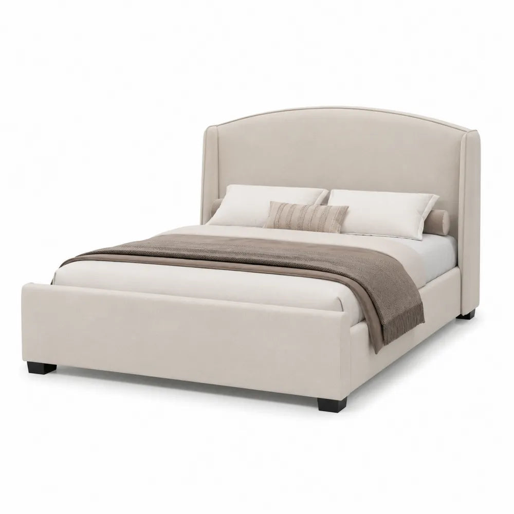 Letto matrimoniale in tessuto poliestere beige con testiera curva