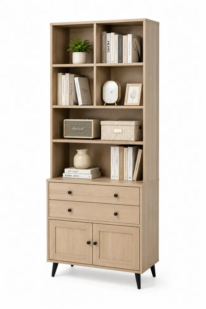 Libreria in Legno di Rovere Chiaro con Cassetti e Ante