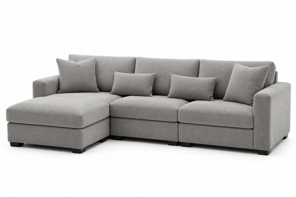 Divano angolare modulare in tessuto con chaise longue e cuscini in velluto a coste grigio