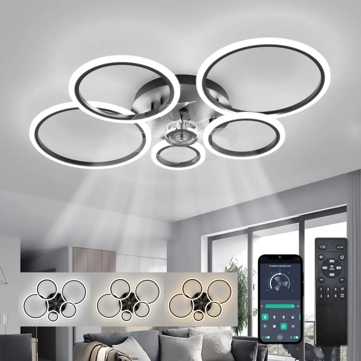 Ventilatore da Soffitto con Plafoniera LED, Dimmerabile, Motore Silenzioso DC, Funzione Estate e Inverno, Telecomando, Anelli Neri