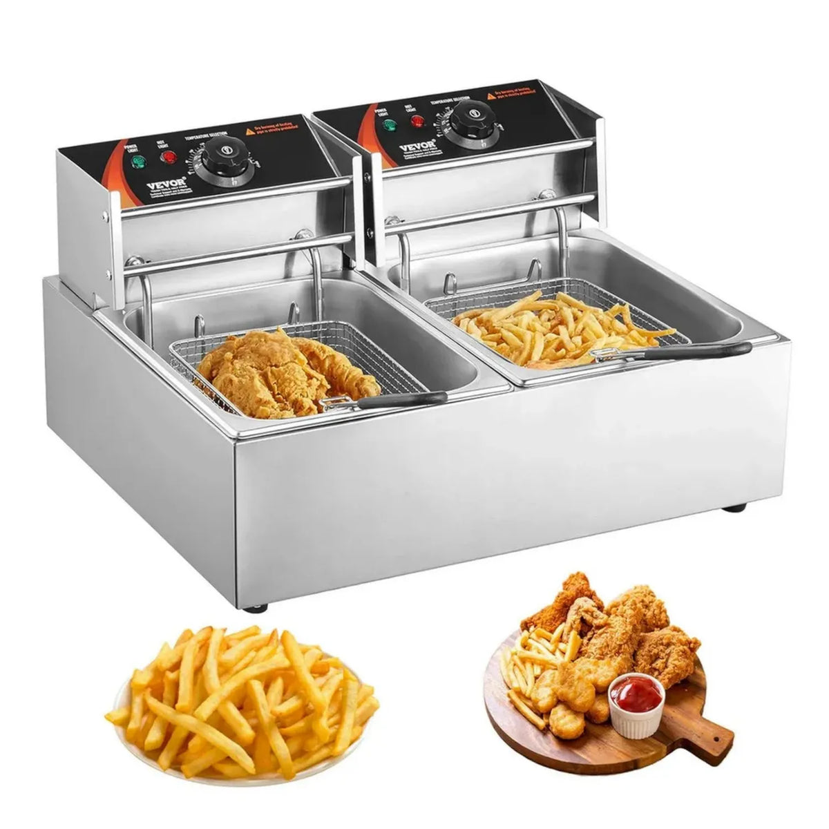 Friggitrice Elettrica Commerciale Inox 24L, Doppia Vasca 5000W con Cestelli Rimovibili