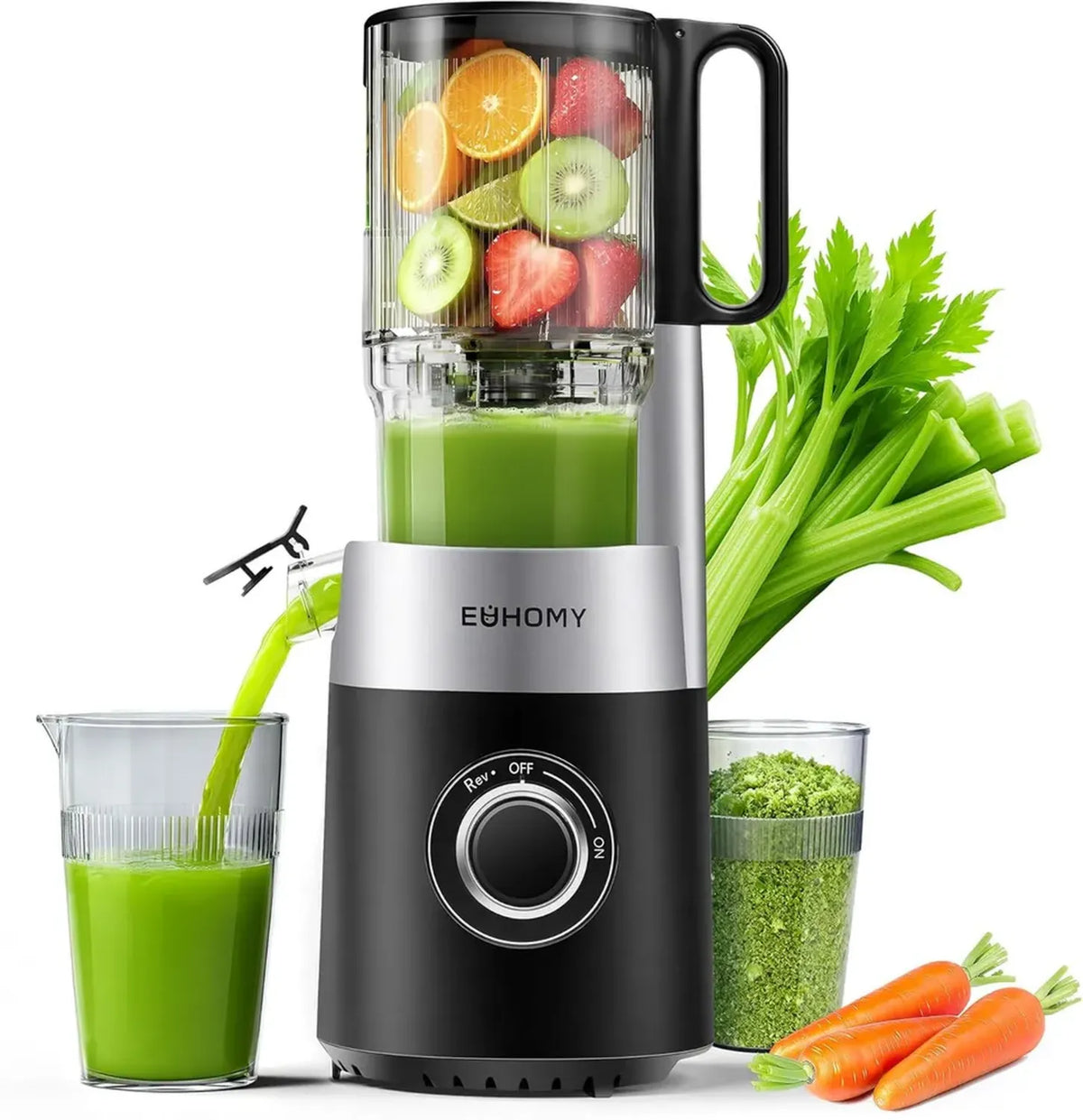 EUHOMY Centrifuga per Frutta e Verdura da 220W, Apertura Extra-Large da 135mm, Capacità 1,8L con 2 Contenitori, Triplo Filtro, Facile Pulizia, Ideale per Ingredienti Interi - Nero