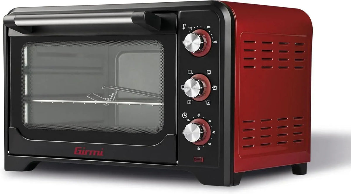 Forno Elettrico Girmi FE30, 1600W, Ventilato, Luce Interna, Timer, Termostato fino a 230°C, 4 Resistenze, Griglia Inox, Nero/Rosso