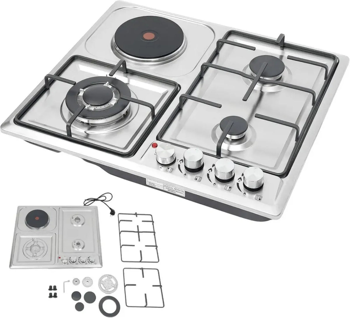 Piano cottura ibrido 4 fuochi, 3 gas e 1 elettrico, acciaio inox con sicurezza fiamma