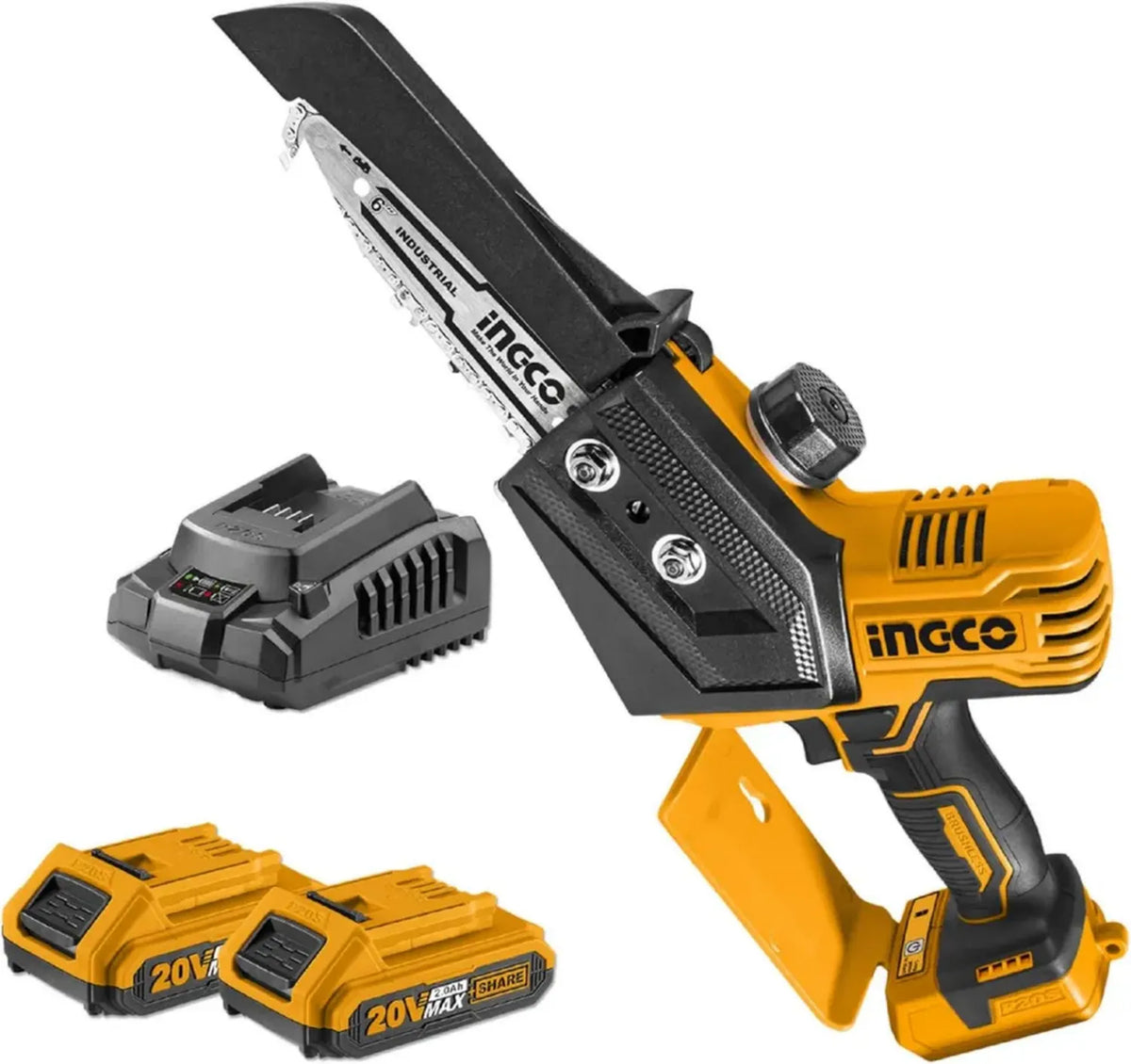 Sega a Catena Portatile 20V INGCO, Senza Fili e Motore Brushless, Lama 15 cm, per Legno e Rami, Include 2 Batterie agli Ioni di Litio e Caricabatterie