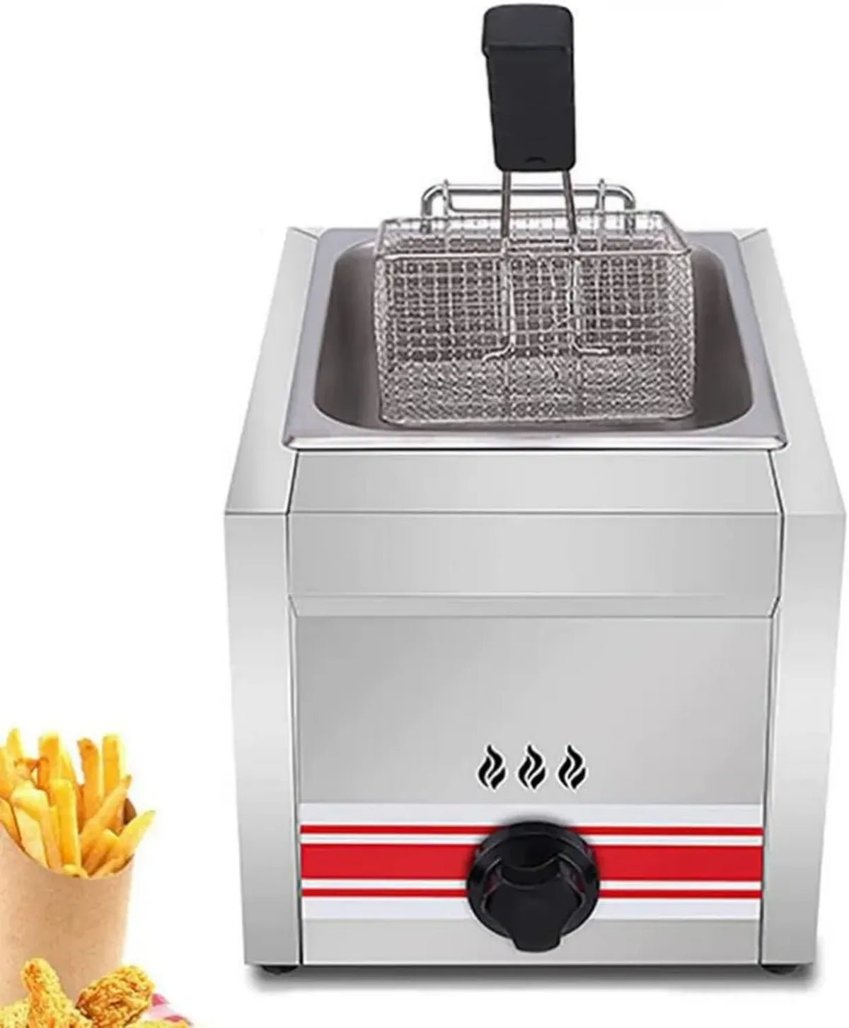 Friggitrice Professionale a Gas GPL in Acciaio Inox con Cestelli e Coperchi, Ideale per Cucine Commerciali e Domestiche