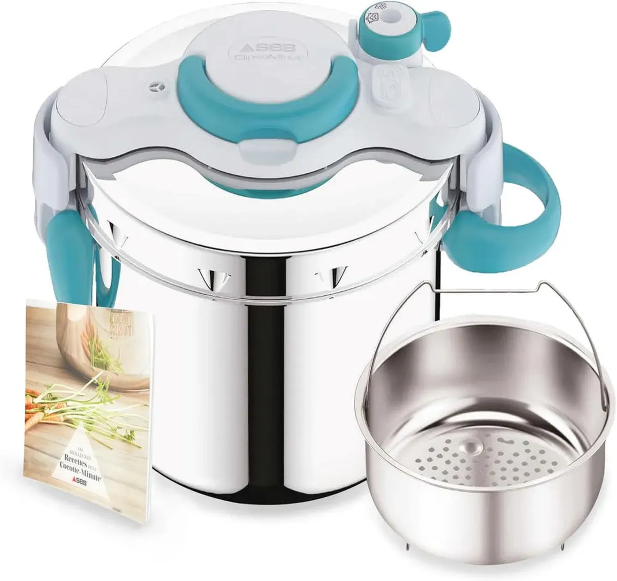 Pentola a Pressione 6L Acciaio Inossidabile per Induzione con Manici Pieghevoli, Ricettario Incluso, Produzione Francese, ClipsoMinut'easy+ Blu