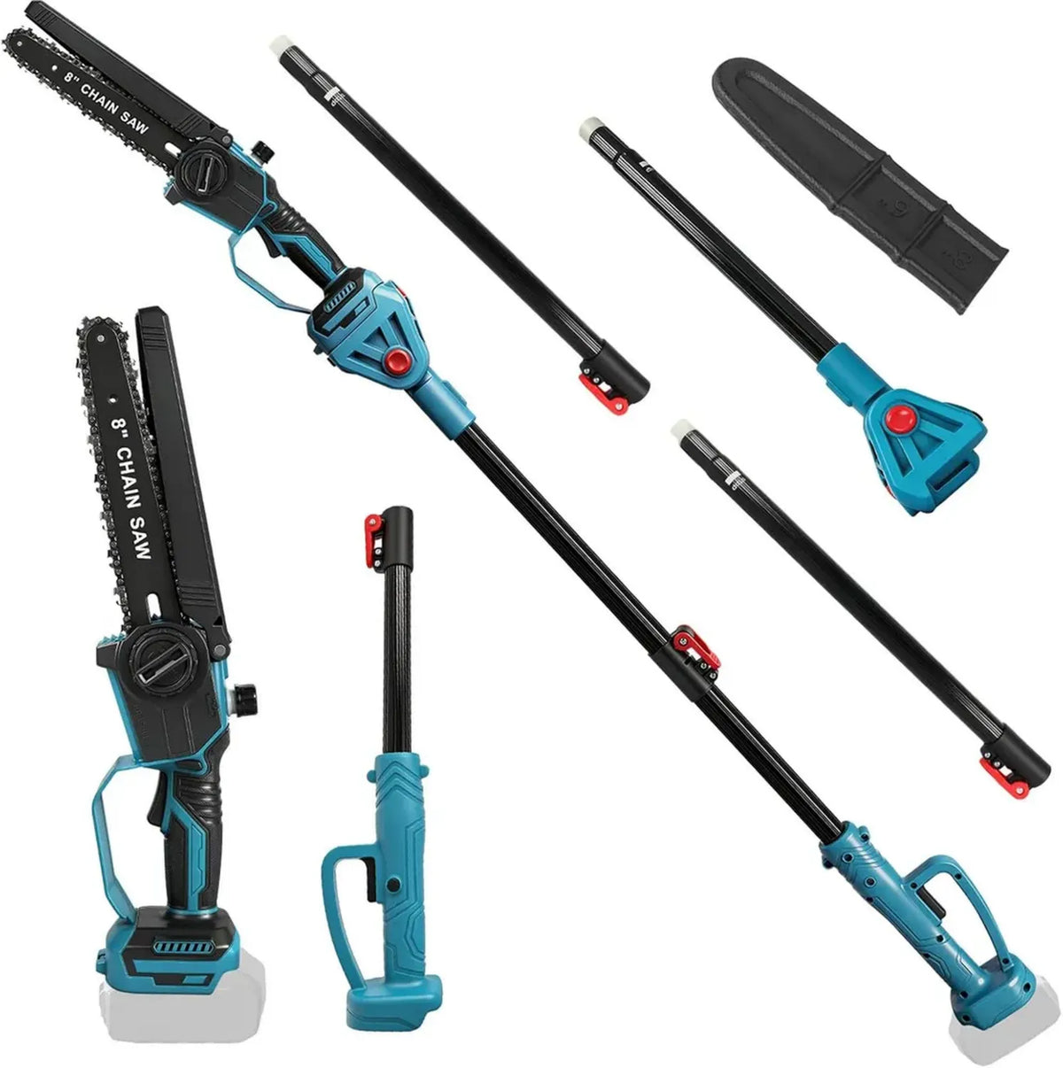 Potente sega da potatura 8 pollici compatibile Makita 18V con manico telescopico, ideale per lavori in altezza