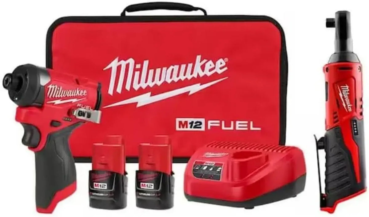 Kit Avvitatore e Cricchetto Milwaukee M12 FUEL 12V con Batterie, Caricatore e Borsa