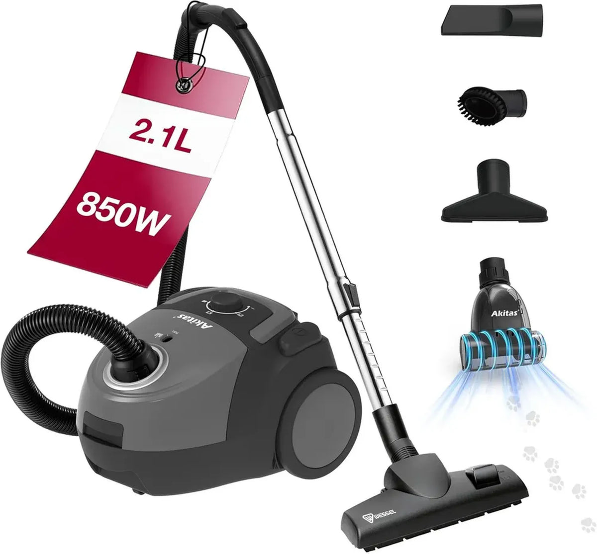 Aspirapolvere Akitas C5T con Sacco 850W, Testa Wessel-Werk Tedesca, Spazzola per Animali e Raggio di 9 Metri