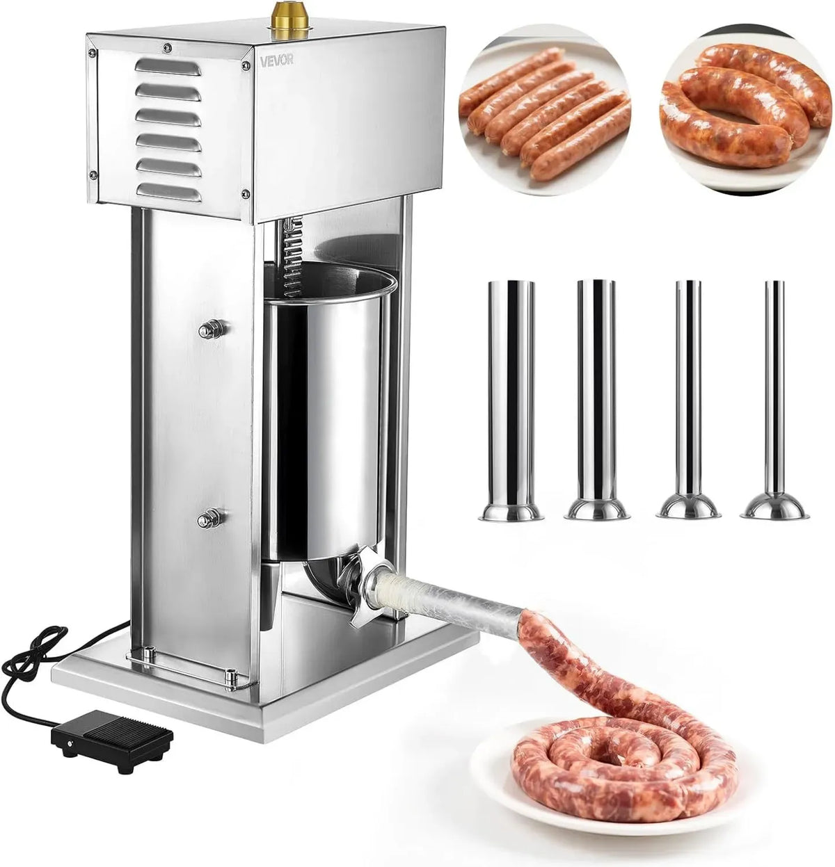 Insaccatrice Elettrica VEVOR 10L con Pedale e Velocità Regolabile, Acciaio Inox, 4 Tubi Inclusi, Uso Commerciale e Domestico