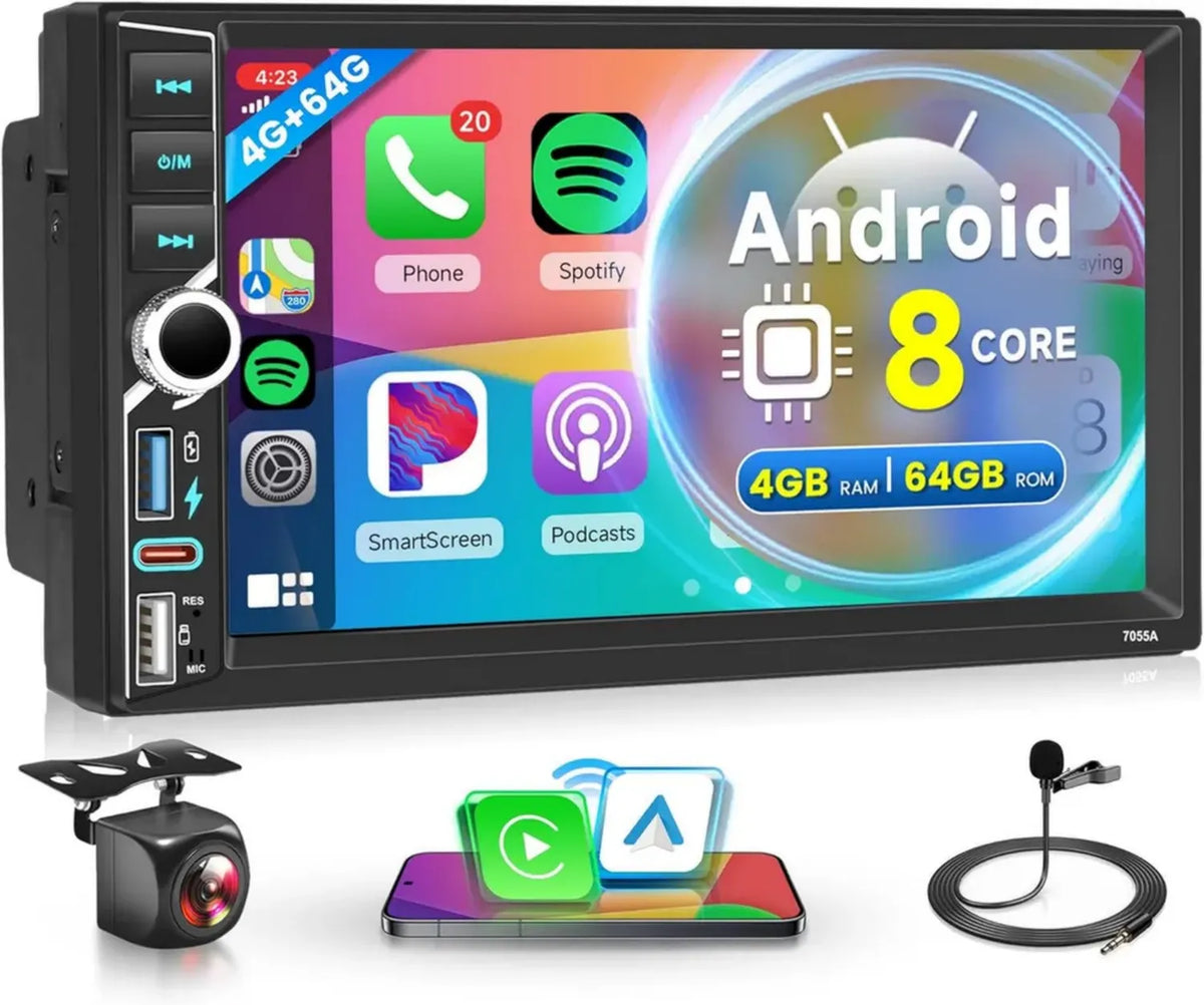 Autoradio Android 2 Din 7'' con Carplay e Android Auto Wireless, 8 Core, 4G+64G, GPS, WiFi, Mirror Link, Bluetooth, FM/RDS e DSP con Telecamera Posteriore