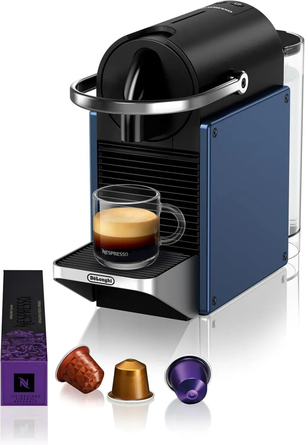 Macchina da Caffè Nespresso Pixie EN127.BL De'Longhi, Compatta con Sistema Capsule, ECO, Caffè Espresso e Lungo, 19 Bar, 1260W, Colore Blu