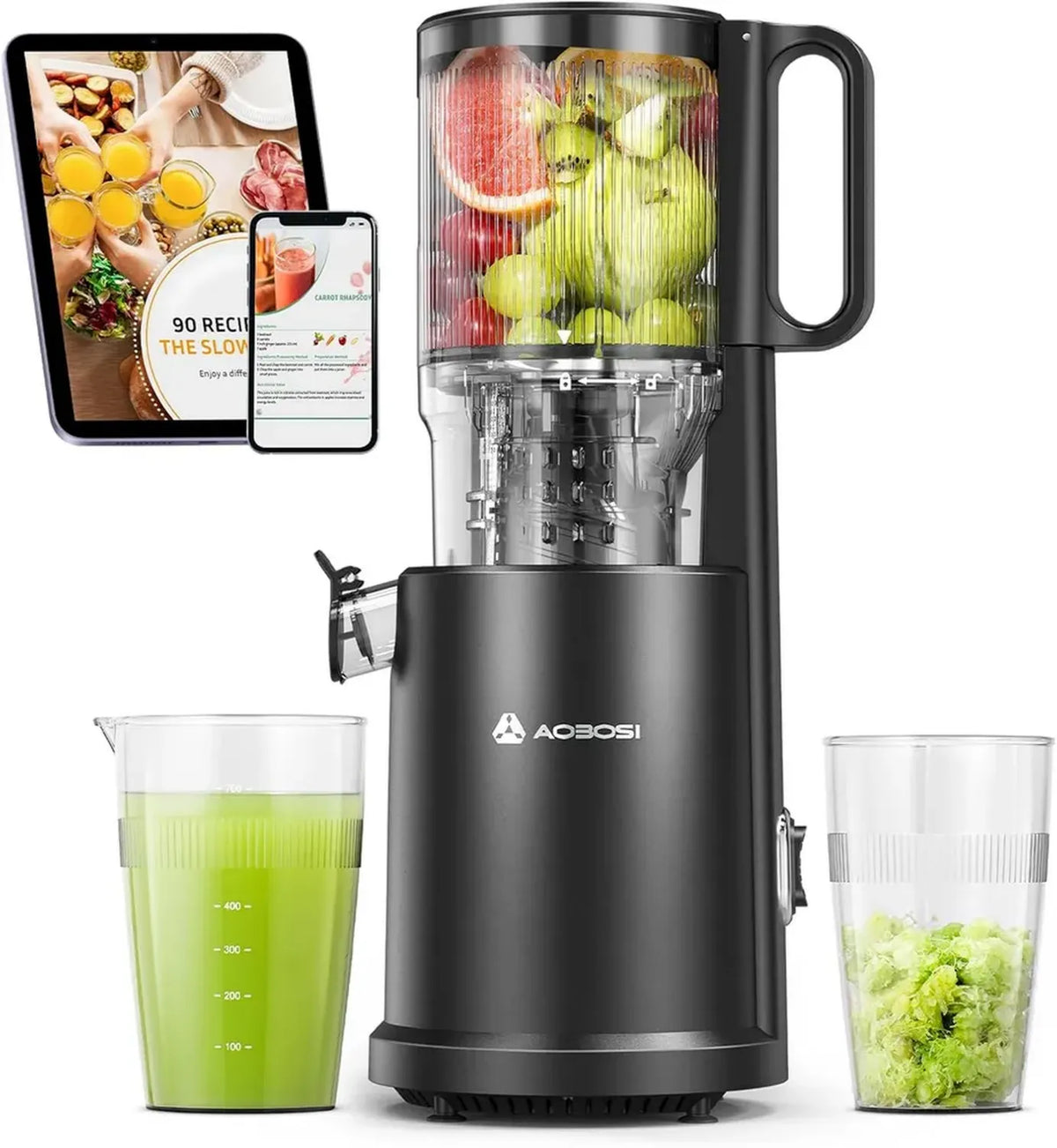 AOBOSI Estrattore di Succhi a Freddo 200W, Ampio Ingresso XXL 126MM, Capacità 1,5L, Filtro Triplo, Nero