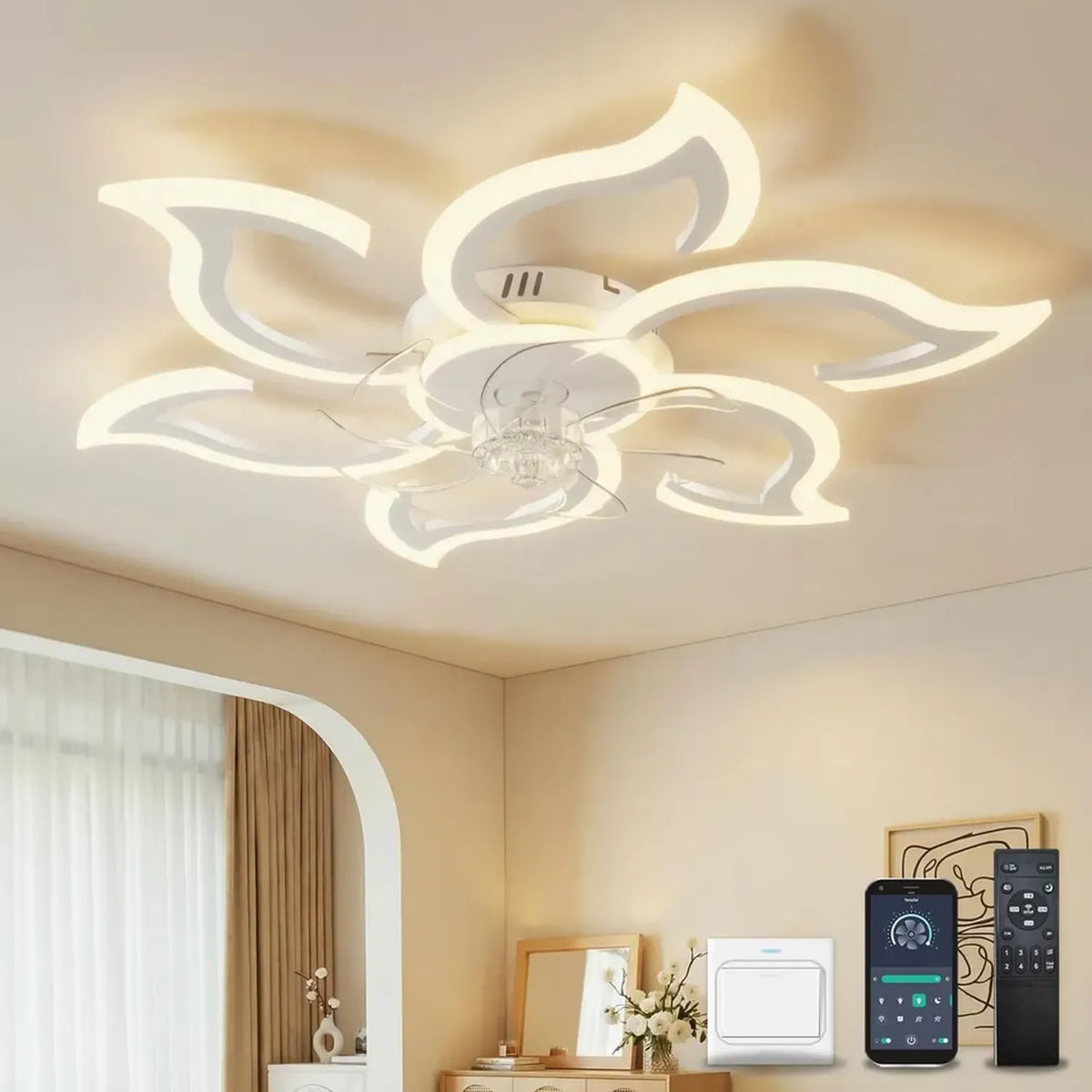 Ventilatore da Soffitto con Lampada Intelligente, Design a Fiore, Dimmerabile e Reversibile, 6 Velocità con Motore DC e Timer, Bianco