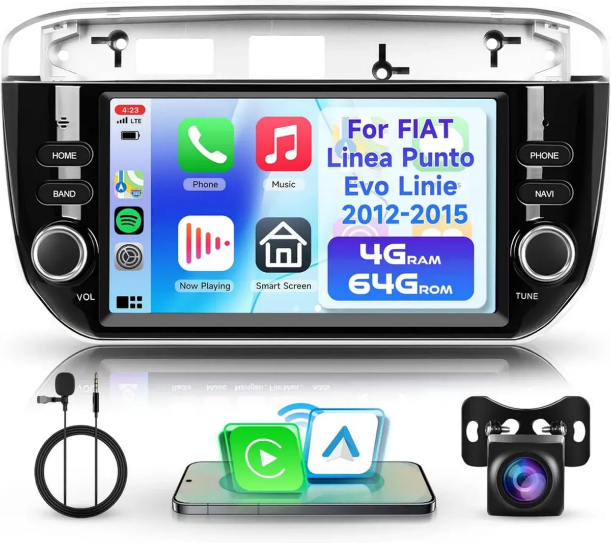 Autoradio Android 4G+64G 7'' HD per FIAT Linea Punto Evo 2012-2015 con Carplay senza Fili, Android Auto, Navigatore GPS, Bluetooth, WiFi, FM, RDS, Telecamera Posteriore