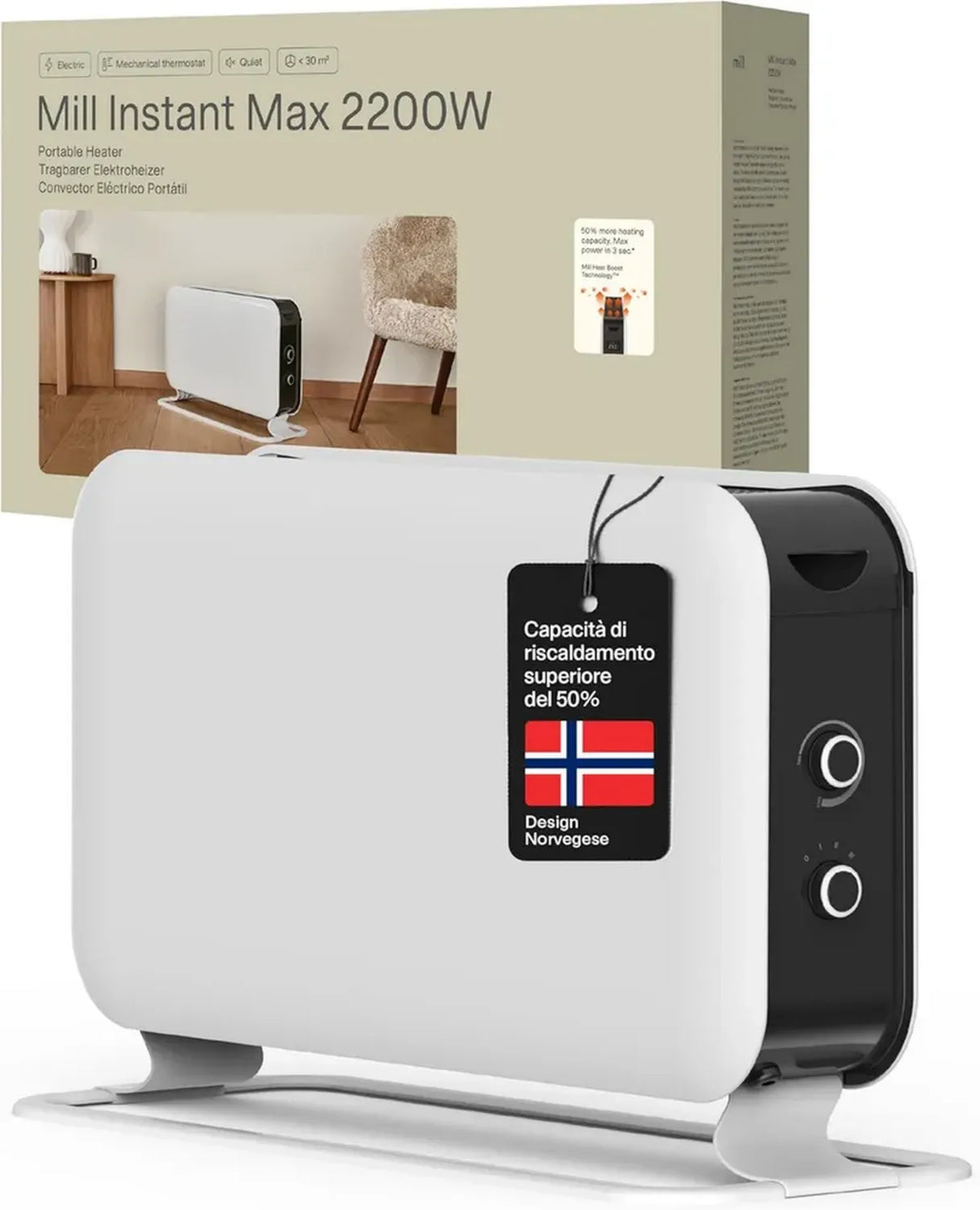 Termoconvettore Portatile Mill Instant 2200W, Riscaldamento Rapido per Aree 26-30 m², Silenzioso e Facile da Trasportare, Design Norvegese