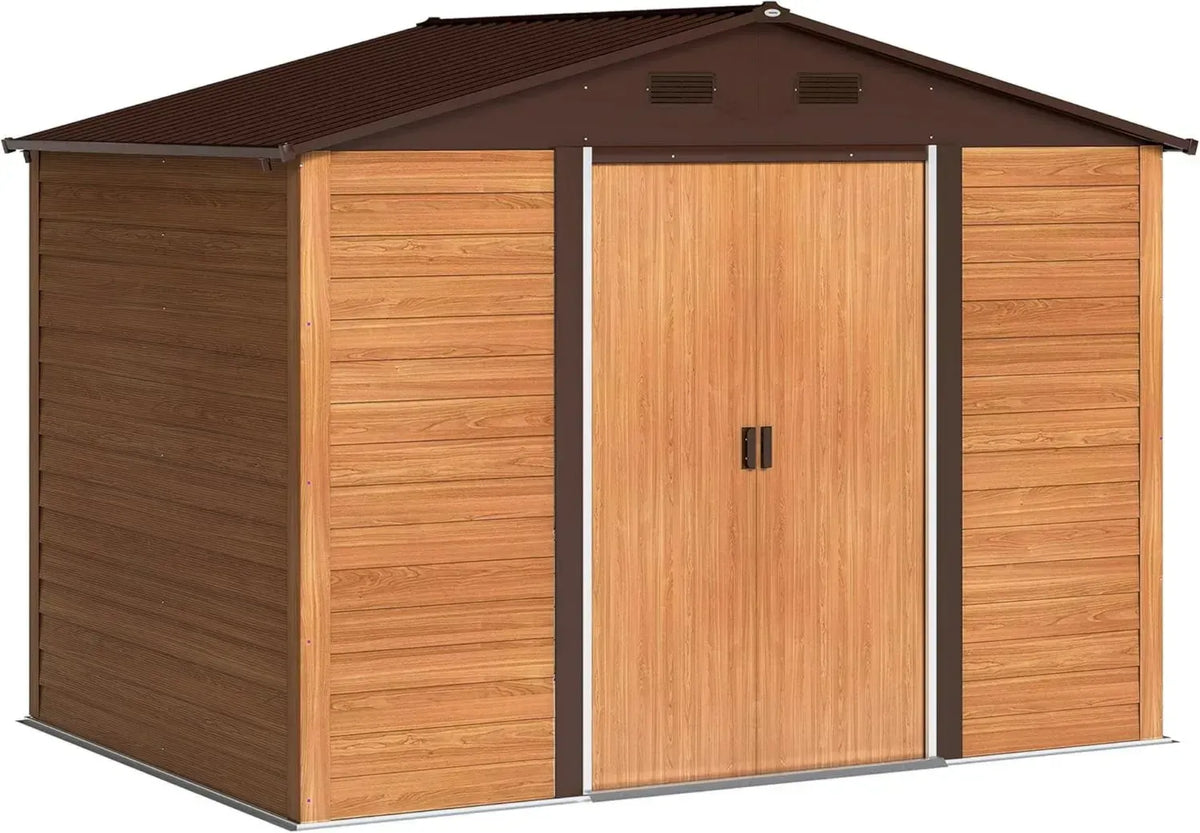 Capanno da Giardino in Acciaio Zincato con Ventilazione e Porte Scorrevoli, Effetto Legno Marrone