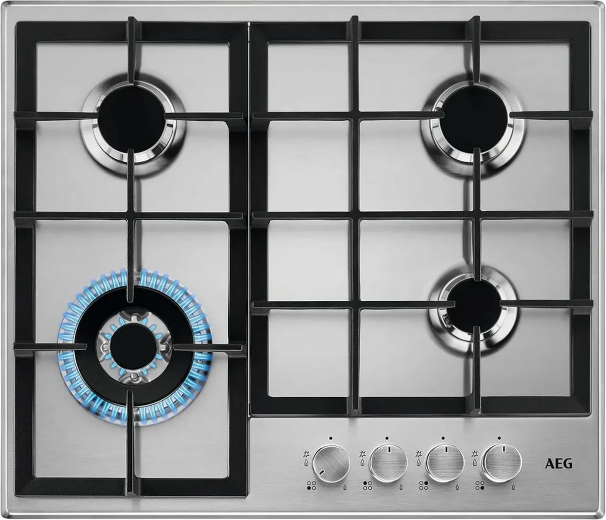 Piano Cottura a Gas AEG 60 cm, 4 Fuochi con Bruciatore Wok e Griglie in Ghisa