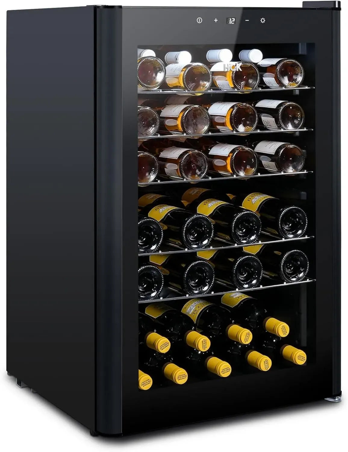Cantinetta Vino HCK, 48 Bottiglie, 115L, 4-22°C, Frigorifero Compatto con Touch, Silenzioso, Porta in Vetro, Nero