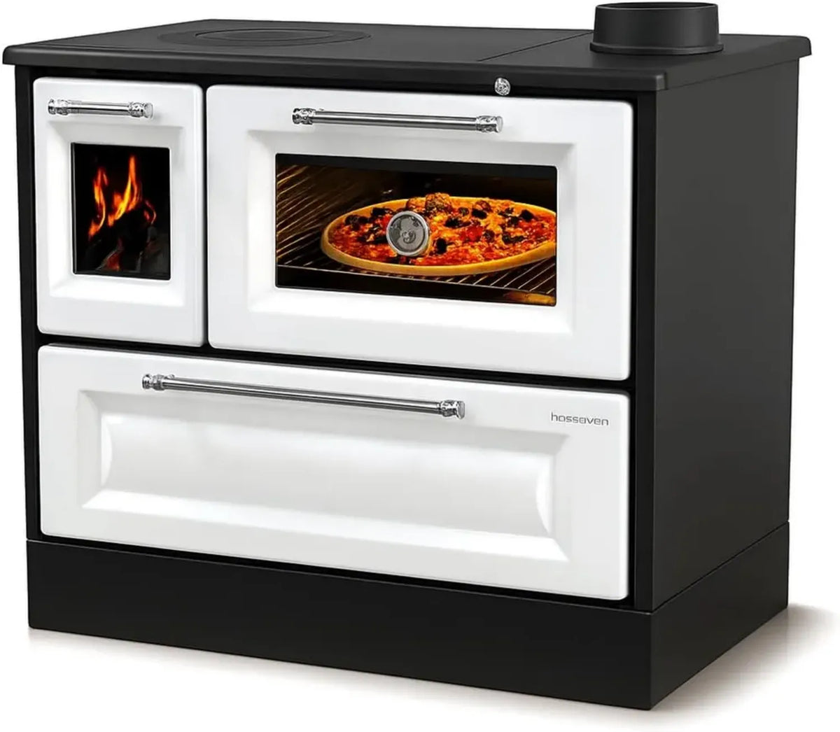 Cucina economica a legna multifunzione 8 kW con forno integrato e piano cottura bianco
