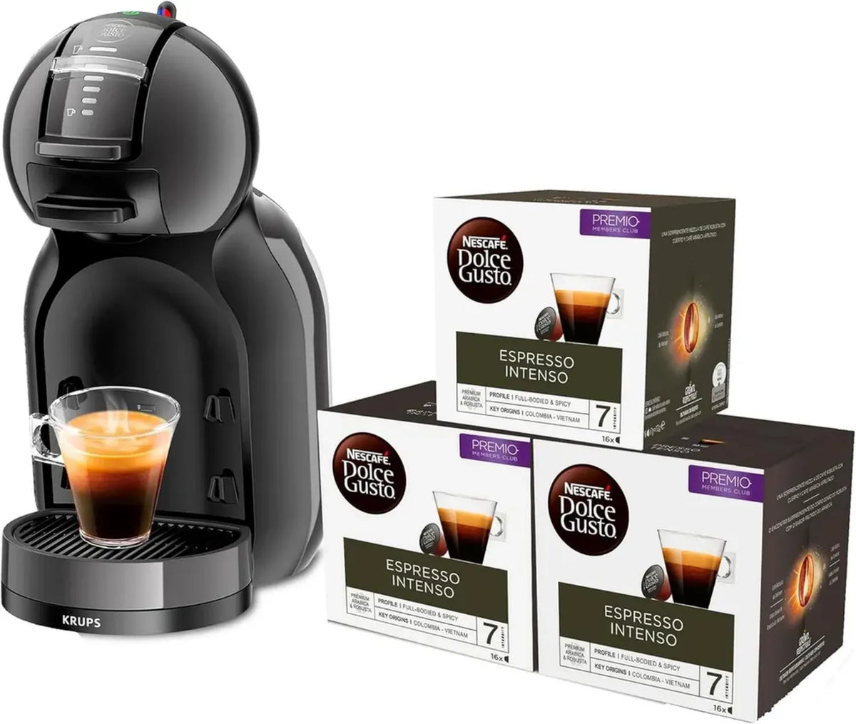 Krups Dolce Gusto Mini Me Automatica, Nera, 15 Bar, Varie Bevande Calde e Fredde, 0,8L, 1500W, con 3 Confezioni Caffè Intenso