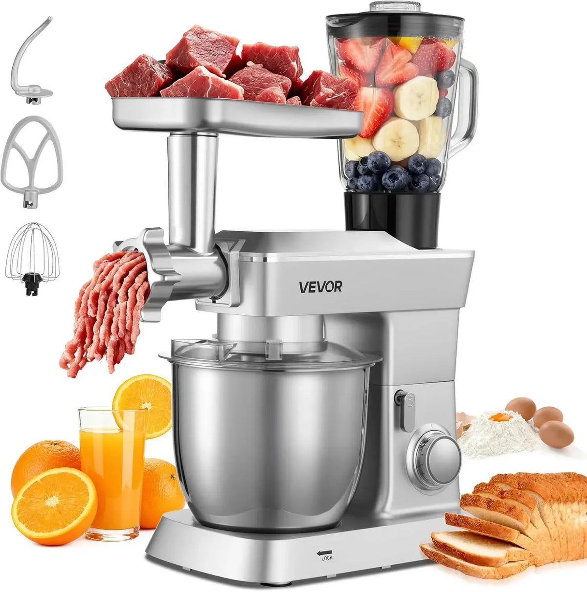 Robot da Cucina VEVOR 1300W, Ciotole in Acciaio 4,3L e 1,5L, 6 Velocità, Gancio, Frusta e Sbattitore