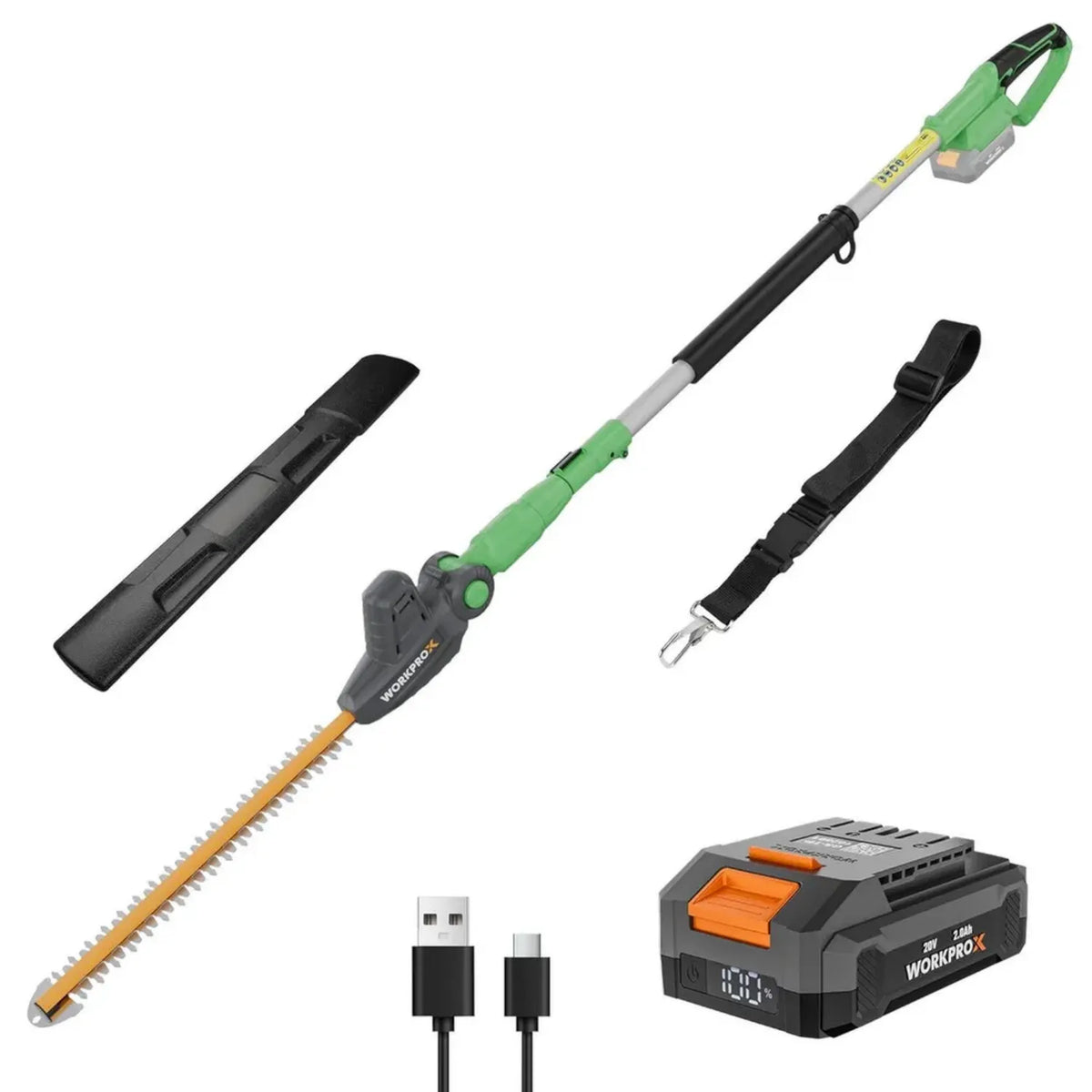 Tagliasiepi Telescopico Elettrico 20V con Batteria 2.0 Ah e Ricarica Type-C, Lunghezza Lama 45cm, Diametro Taglio 18mm