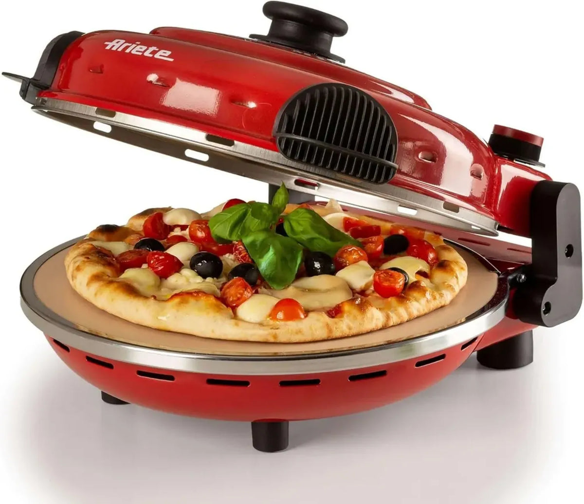 Ariete Forno Pizza 919, Cuoci Pizza in 4 Minuti, 5 Livelli di Cottura, Piastra Refrattaria Antiaderente, Pale in Legno, Fino a 400°C, 1200W, Rosso