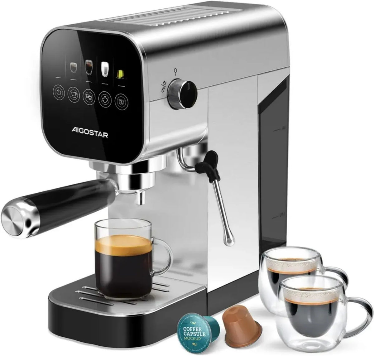 Aigostar - Macchina per Caffè Espresso 20 Bar, 2 in 1 per Capsule e Caffè Macinato, Display Touch LCD, Cappuccinatore Regolabile, Serbatoio 0.9L, 1350W, Acciaio Inossidabile Compatto