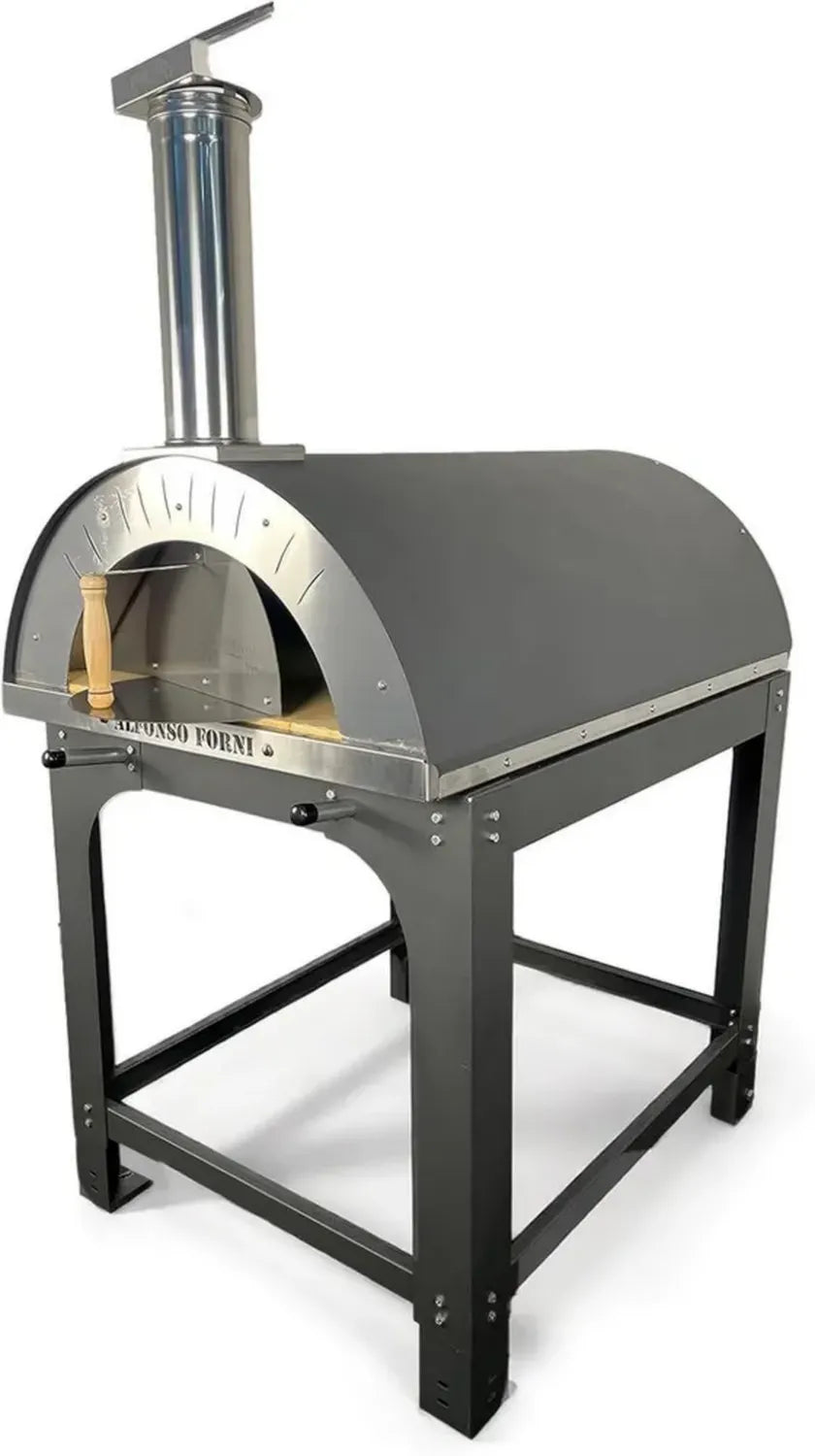 Forno a Legna da Esterno per Pizza e Pane, Modello Alfonso, Capacità 6 Pizze, Antracite con Carrello, Acciaio Inox e Mattoni Refrattari