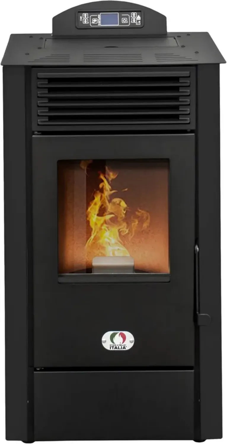 Stufa a Pellet California 8KW WiFi con Efficienza 91% per 70m², Autonomia 20 Ore, 5 Velocità Programmabili, Design Compatto, Garanzia 24 Mesi, Colore Nero