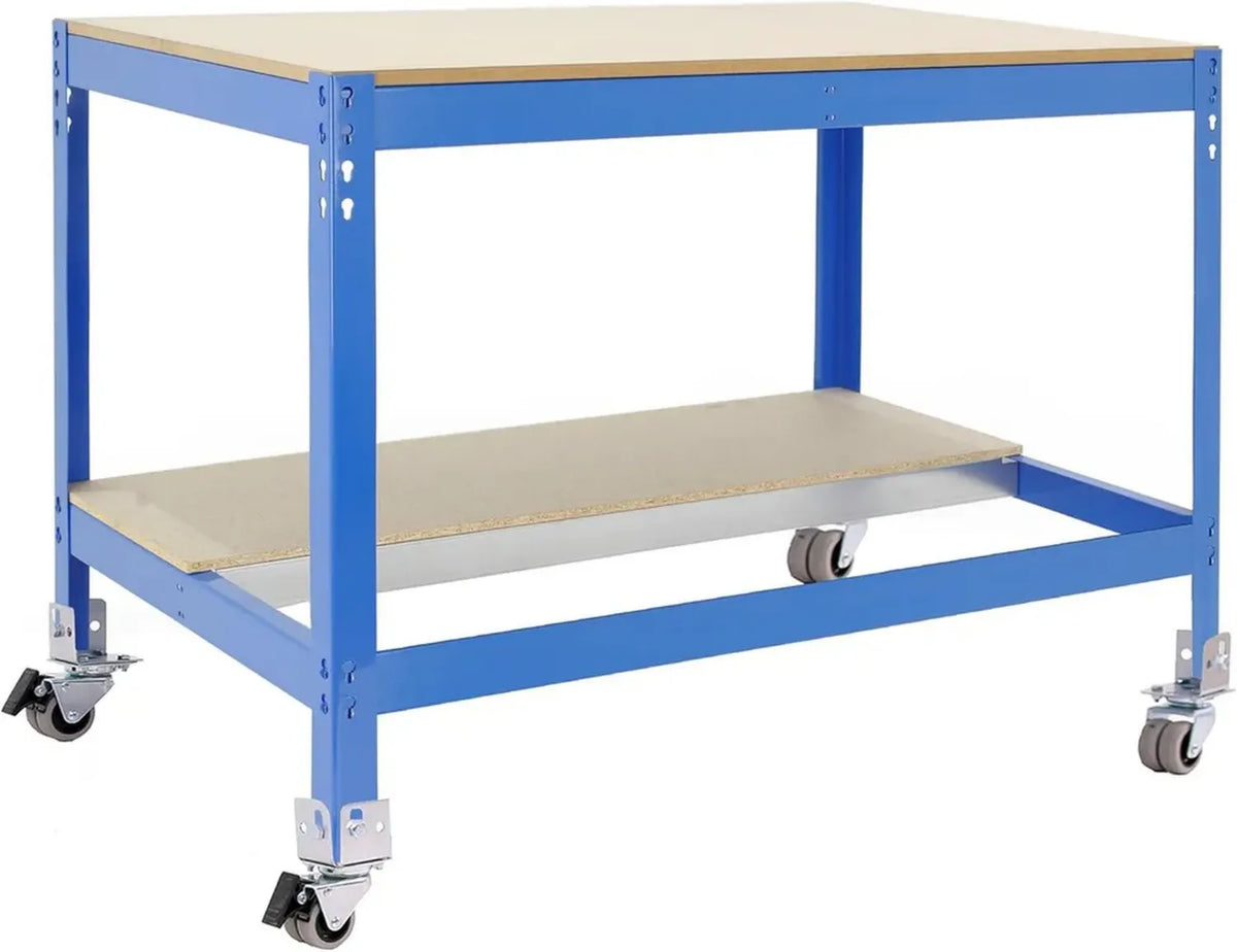 Banco da lavoro per officina Simon Rack con ruote, capacità 120 kg, 917x910x610 mm, blu e legno
