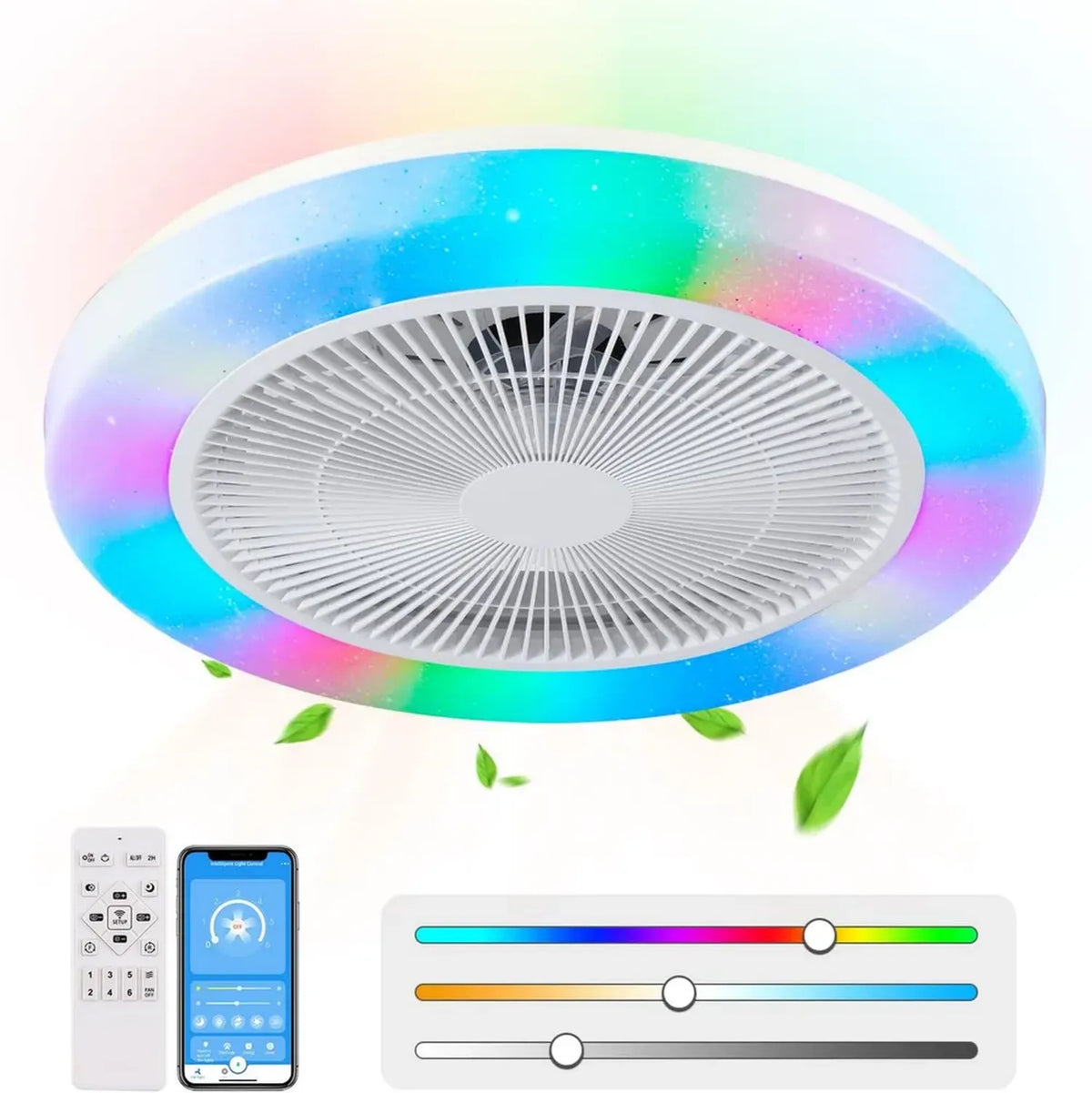 Ventilatore da soffitto LED RGB dimmerabile, montaggio a filo con telecomando, luce ambientale per camera da letto