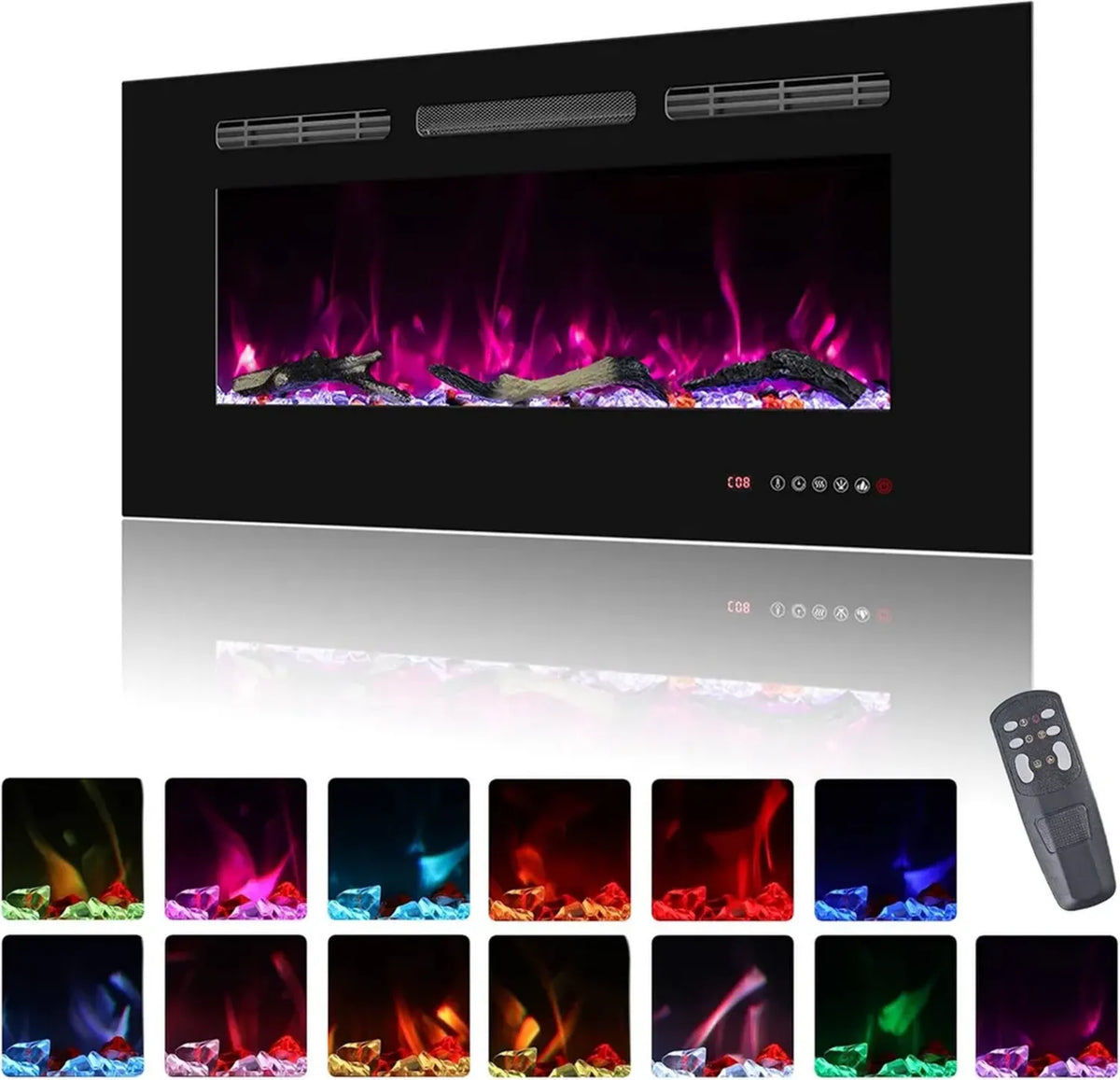 Camino elettrico 92 cm con termostato regolabile e fiamma realistica, 1500 W, nero