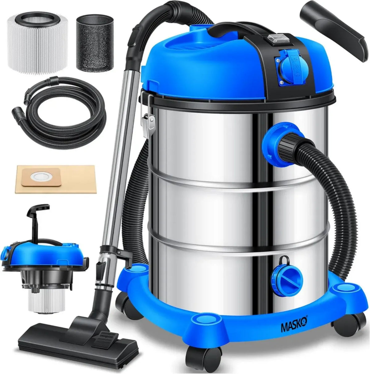 Aspirapolvere Industriale in Acciaio Inox 2300W con Presa, Funzione Soffiaggio, Blu